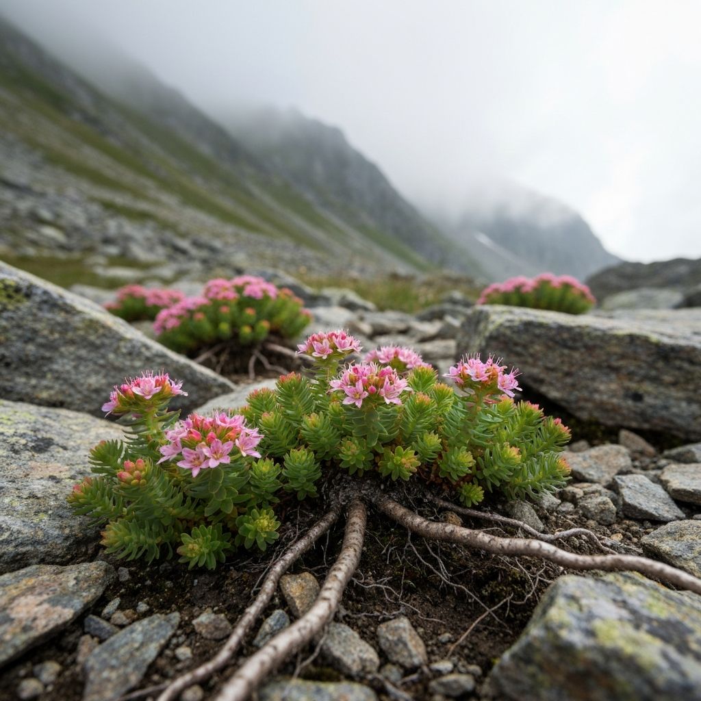 Rhodiola rosea in mountain landscape